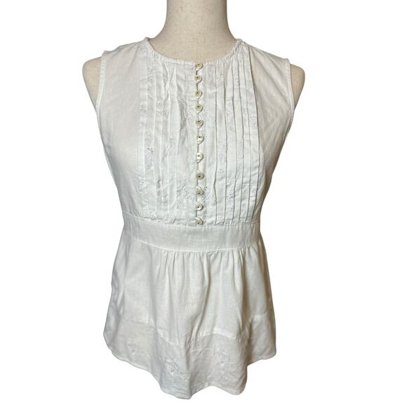 Mandarine Blue Linen White Eyelet Pin Tuck Top Medium Cottagecore Coastal - Picture 1 of 11